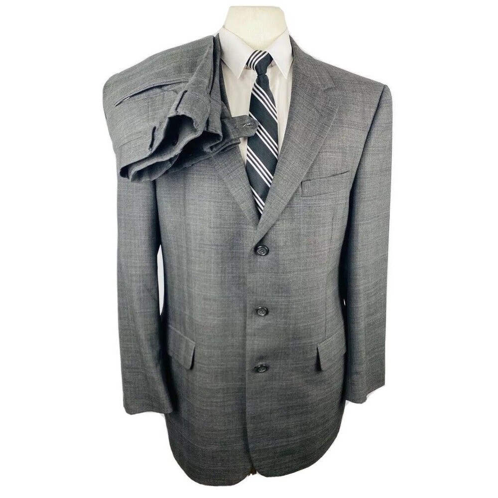 JOS A BANK MENS 41R GRAY PLAID SOFT CASHMERE WOOL 2 PIECE SUIT WITH PANTS 34X29